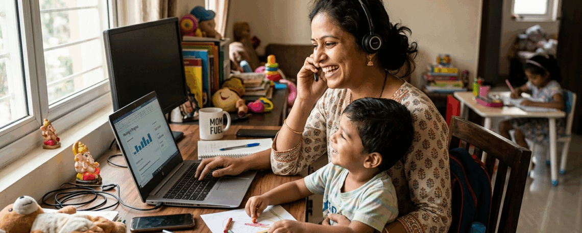 mother working from home